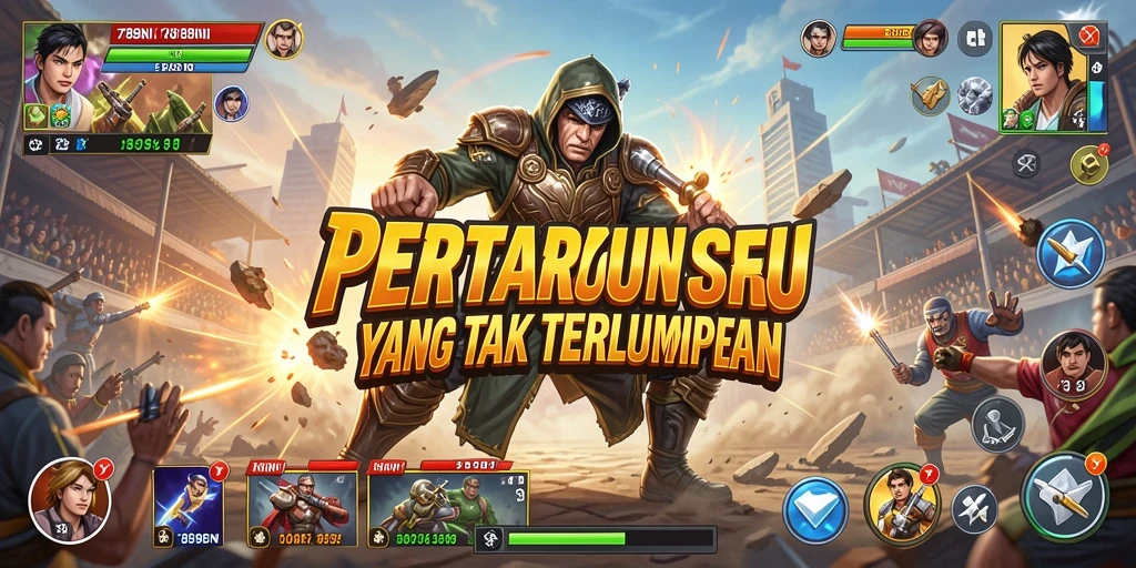 Screenshot menampilkan pertarungan epik dengan karakter penuh aksi.