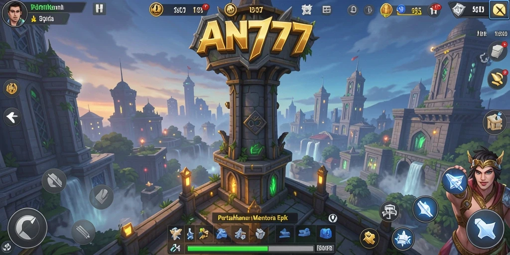 Screenshot AN777 menunjukkan aksi pertahanan menara yang intens.