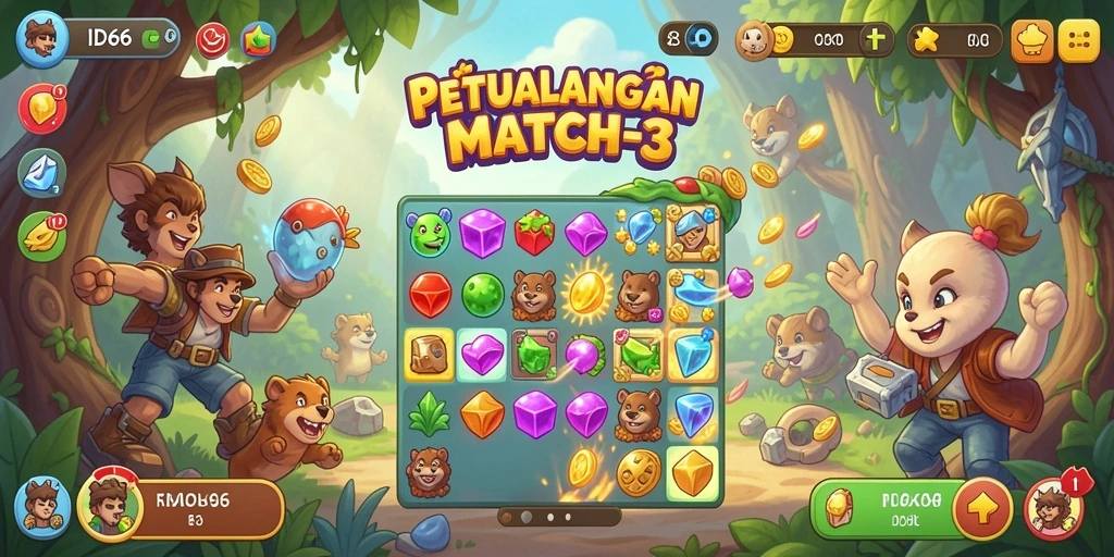 Tangkapan layar ID66 menampilkan gameplay seru dengan permata yang berwarna-warni.