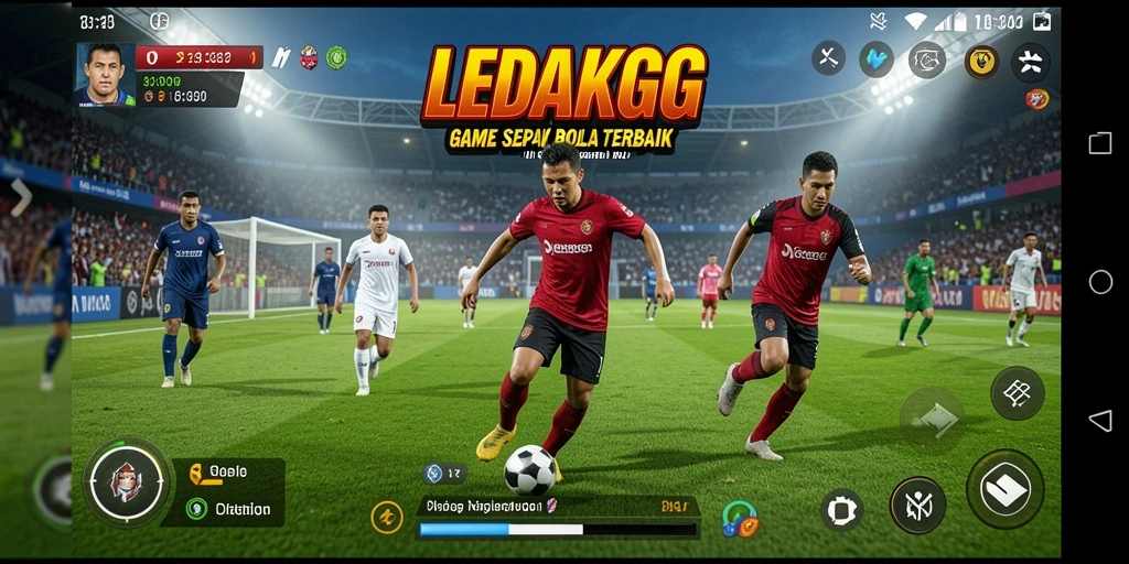 Tampilan screenshot utama LEDAKGG menampilkan aksi sepak bola yang seru.