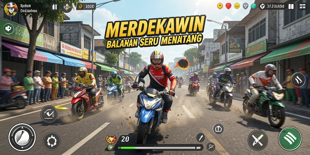 Tampilan menarik dari gameplay balapan di MERDEKAWIN yang seru.
