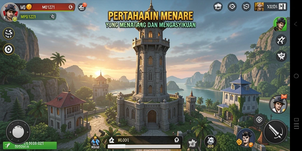 Screenshot MPO1221 menampilkan aksi seru dalam pertahanan menara.